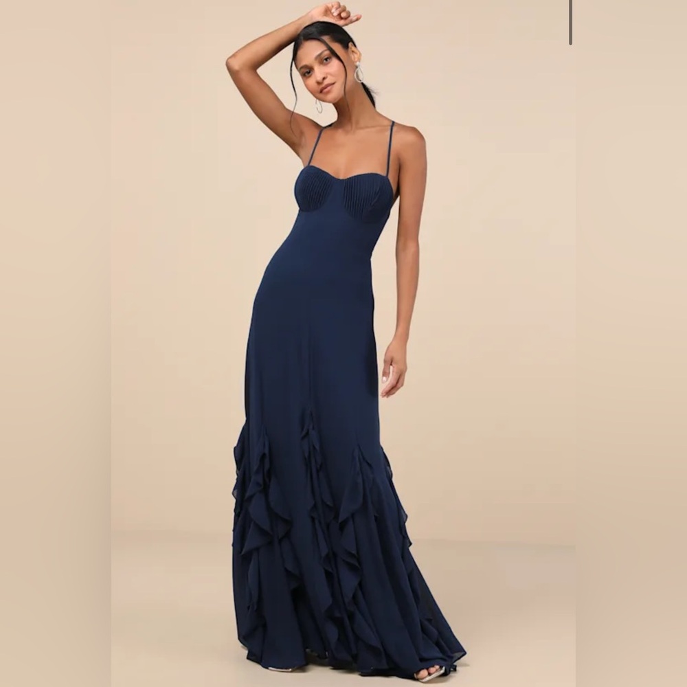 Lulus Priela Navy Ruffled Lace-Up Maxi Dress